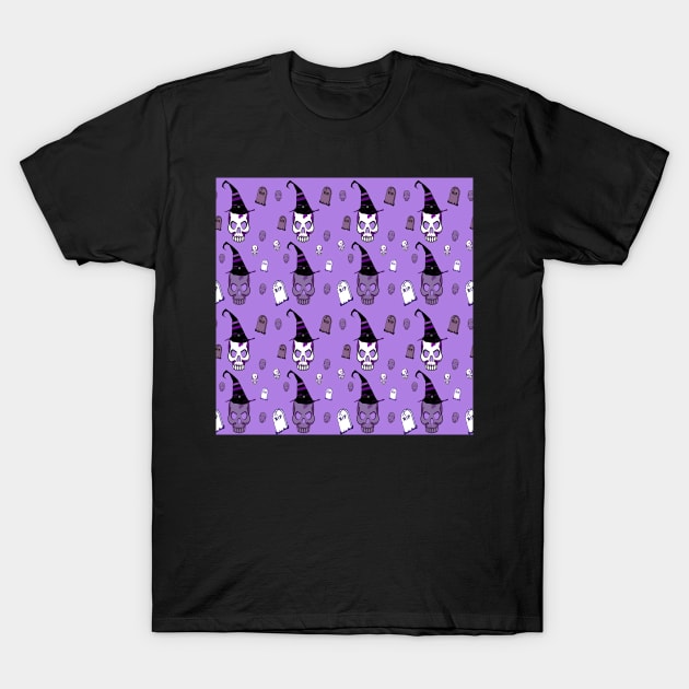 Skull with hat on purple T-Shirt by YamyMorrell